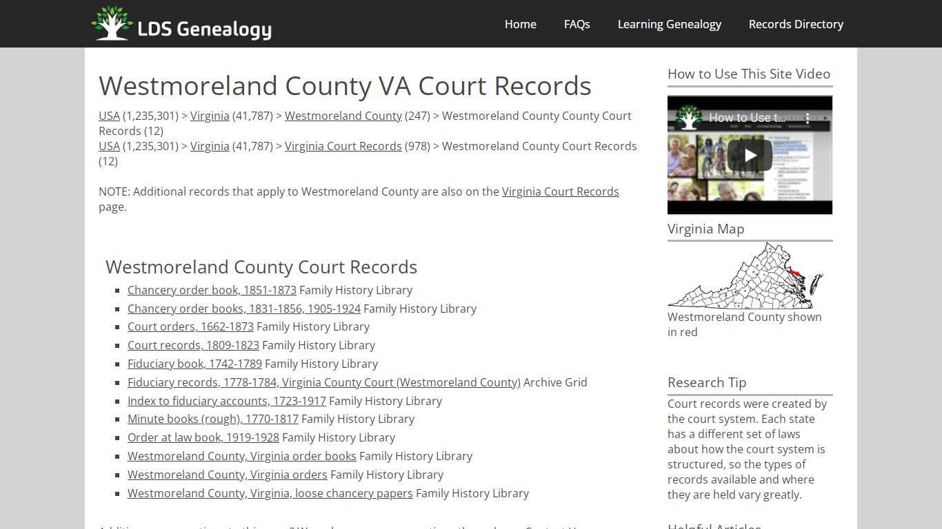 Westmoreland County VA Court Records - LDS Genealogy